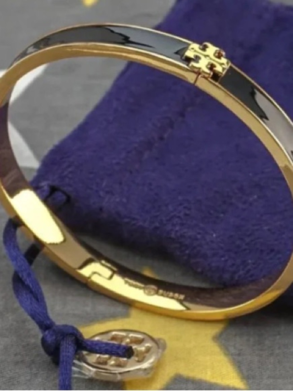 Tory Burch Gold-tone Bangle with Black Enamel Logo Accent